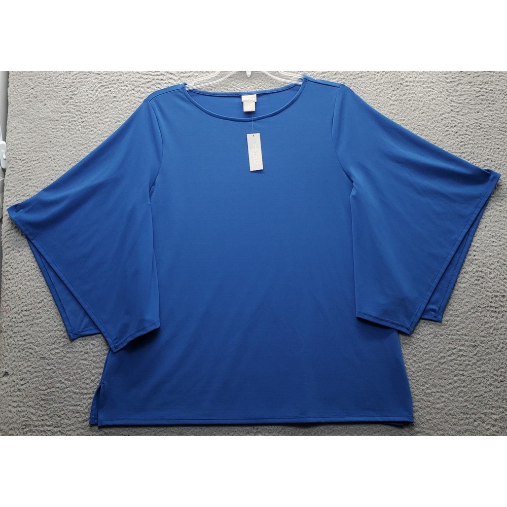 Chico's Blouse Top Womens Large Blue Stretch Kimono Sleeve Round Neck Pullover